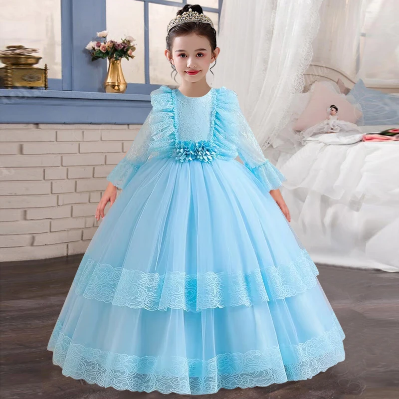 Flower Girl Wedding Party Embroidery Dresses Autumn and Winter New Long Sleeve Wave Point Flower Decoration British Dresses