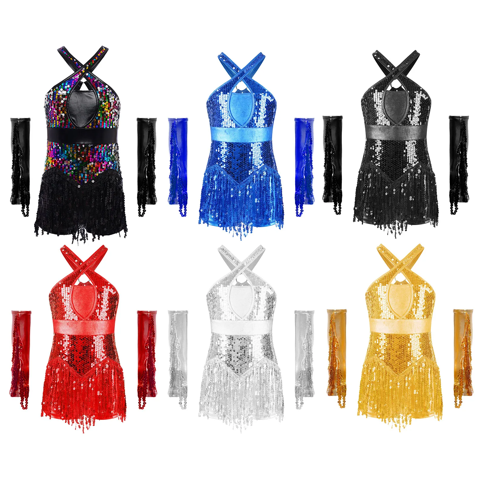 Crianças meninas lantejoulas dança jazz latino collant vestido com luvas cha-cha rumba samba tango bodysuit palco desempenho dancewear