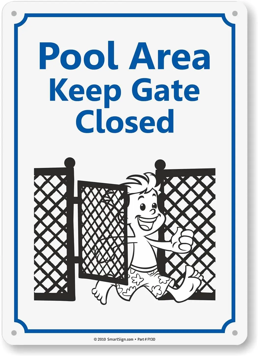 SmartSign 14 x 10 inch “Pool Area - Keep Gate Closed” Metal Sign with Funny Graphic, 40 mil Laminated Rustproof Aluminum, Blue,