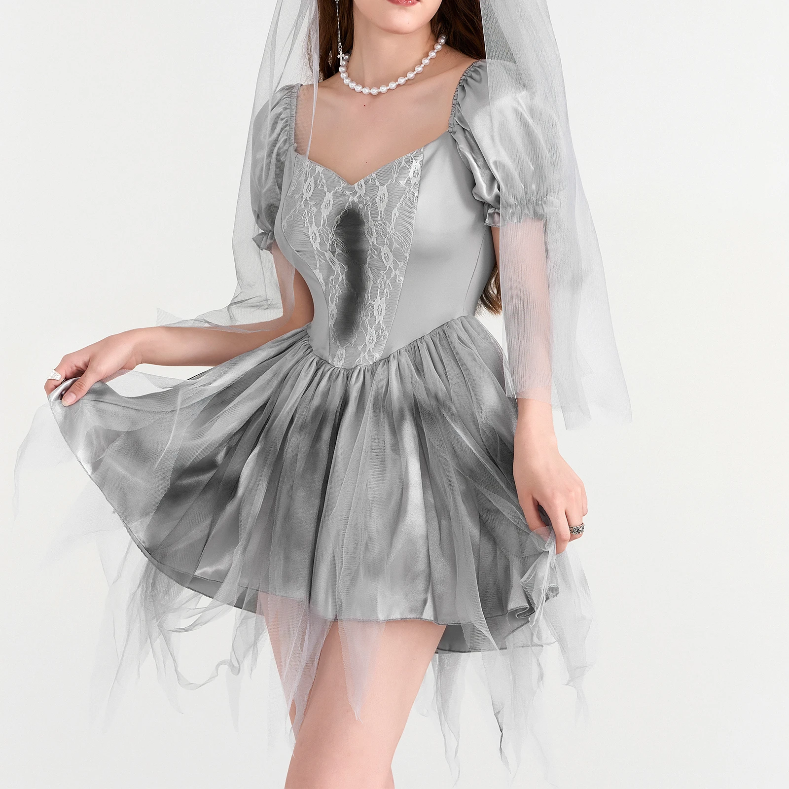 Women Dead Bride Costume Sweetheart Neck Short Sleeve Corset Dress Mesh Headband for Halloween Cosplay