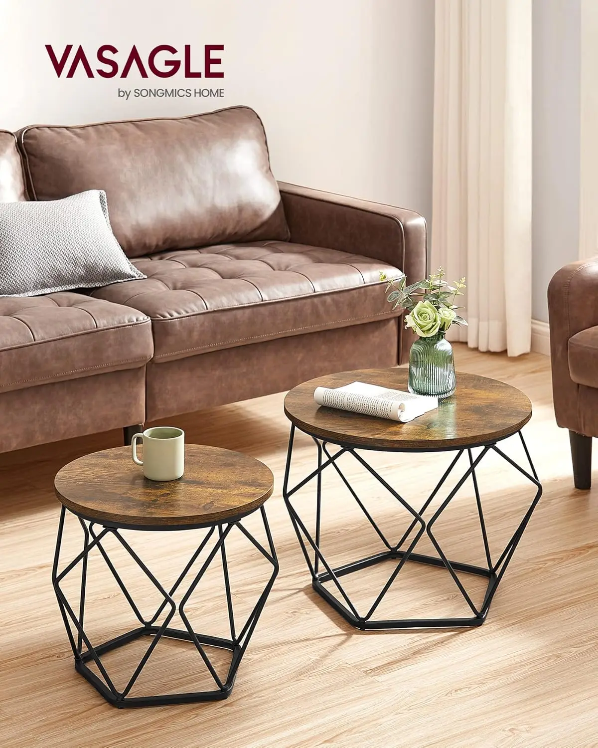 Small Coffee Table Set of 2 Round Coffee Table with Steel Frame Side End Table for Living Room Bedroom Office Rustic Brown