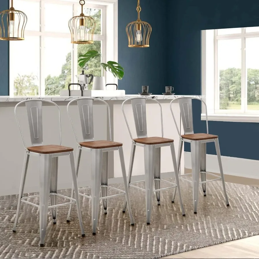 مجموعة 30 مقاعد بار معدنية قابلة للتخليص مكونة من 4 مقاعد للبار عالية الظهر مع مقعد خشبي مثالي للاستخدام الداخلي والخارجي #1