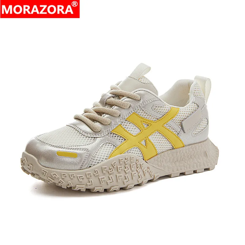

MORAZORA, размеры 34–41, новые женские кроссовки из спилка, модная обувь на платформе со шнуровкой, сетчатые массивные кроссовки, женская повседневная обувь