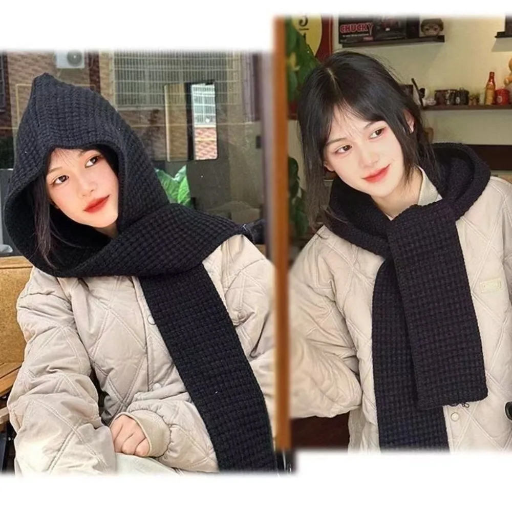 Acrylic Fibres Knitted Hooded Caps Soft Ear Protection Neck Collar Beanies Caps Korean Style Thickened Winter Neckerchief Hat