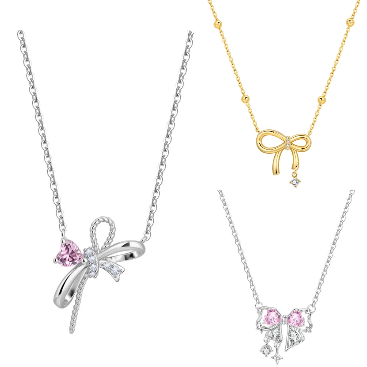 PANPOKI S925 Sterling Silber Zarte Rosa Schleifen-Halskette für Frauen Geburtstags-Geschenke Original Mode Jubiläumsschmuck