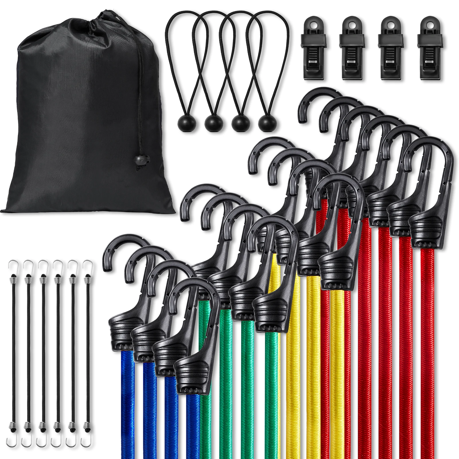 SucceBuy 32 Stück elastische Bungee-Seile, verschiedene Längen, schwere Bungee-Seile für Fahrradzelte, Camping, Wohnmobile, Badehose, Gepäckträger