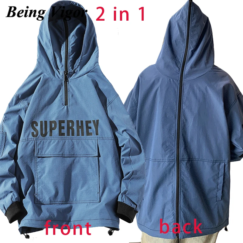 

Being Vigor 2 in 1 Printed Hooded Mens Anorak Jackets Hip-Hop Street Outwear Autumn Spring Windbreaker Reversible Light Jacket