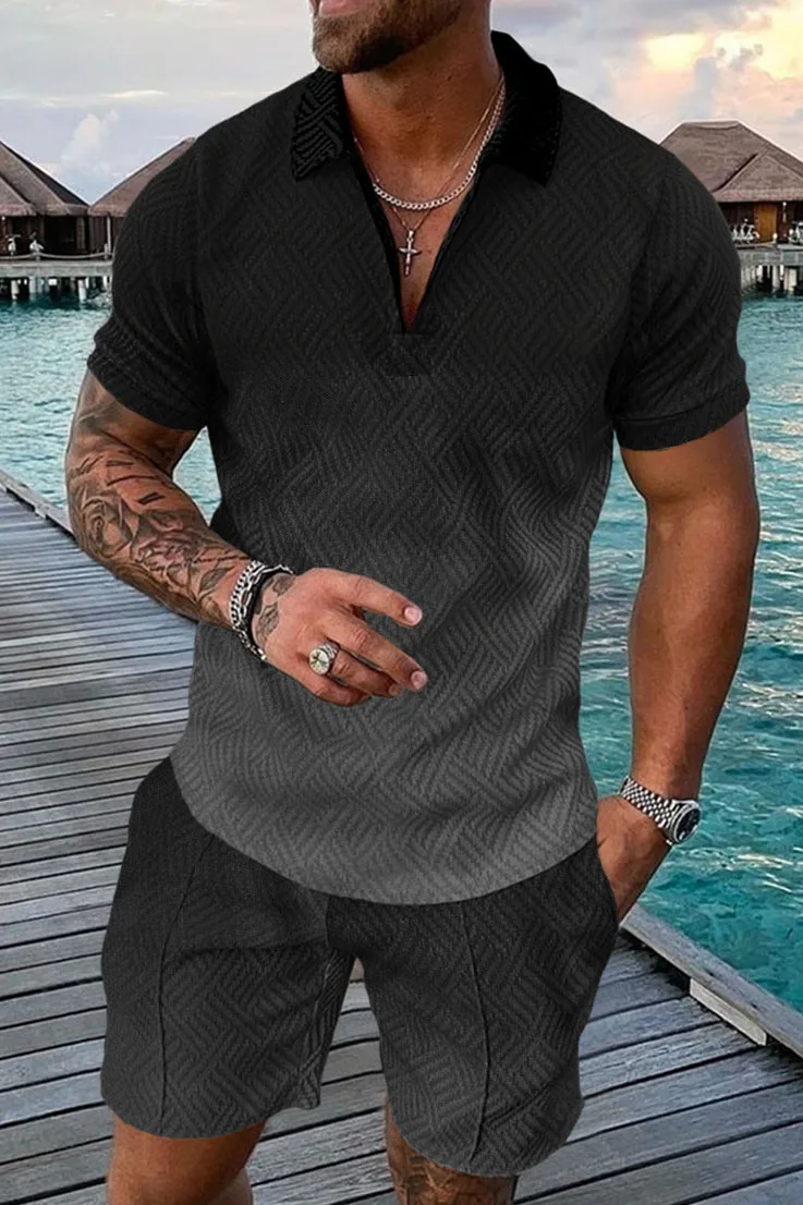 Herren Sommer lässig Polos hirt Set männliche Mode Trainings anzug einfarbig Anzug Trun Down Kragen Reiß verschluss Kleidung Vintage Outfit – Detail 12