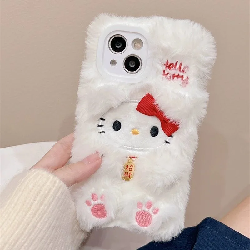 

Japan Cute Lucky Fortune Cat White Plush Phone Case for iPhone 11 12 13 14 15 16 17 Pro Max Plus bumper Shockproof Cover Coque