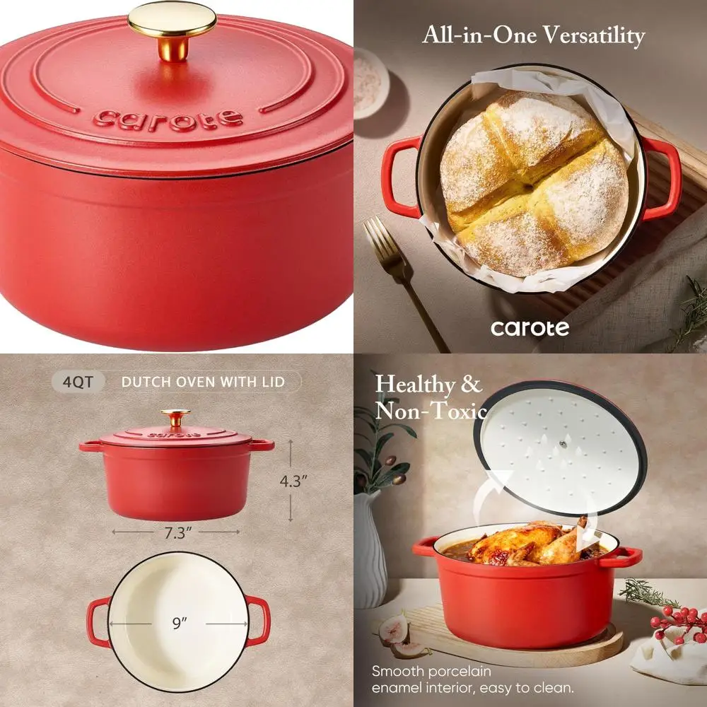 

4-Quart Enamel-Coated Cast Iron Dutch Oven with Lid, Ideal for Bread Baking, Braising, Stews, Roasting, Safe and Non-Toxic, Suit