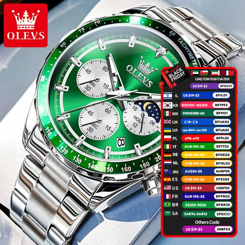 OLEVS Green Mens Watches Chronograph Luxury Dress Moon Phase Quartz Stainless Steel Waterproof Luminous Business Wrist watch