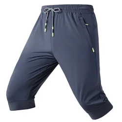 Pantalones de seda de hielo 3/4 para hombre, ropa deportiva de secado rápido, para correr, gimnasio, 7 puntos, con bolsillos y cremallera, para entrenamiento