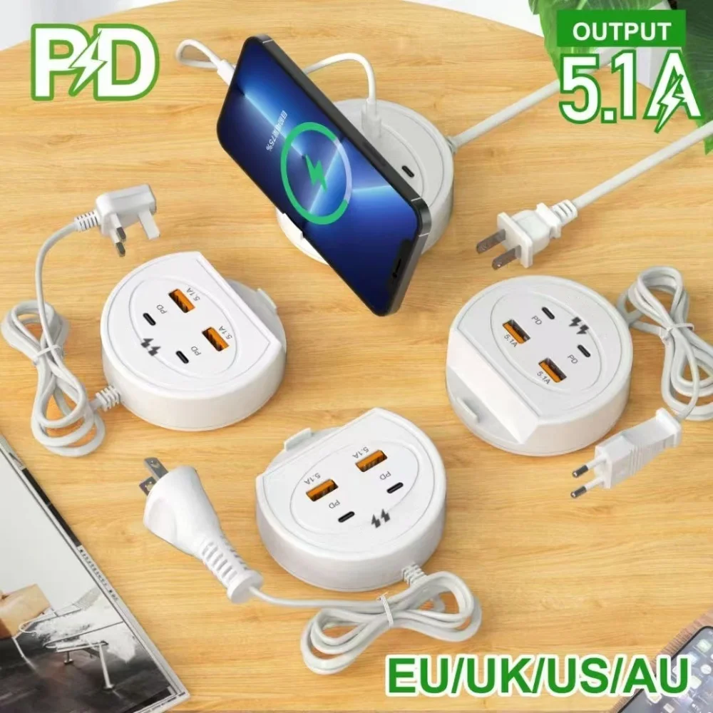 4 Ports Wall USB Charger Socket Type C PD High Speed Fast Charger USB Hub Adapter EU US UK Plug Desk Phone Holder Stand