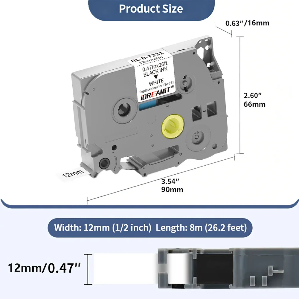 12mm / 0.47in TZE231 Label Tape Replace for TZ231 Compatible for Brother P-Touch Label Printer PTH110 PTH105 PTD210, 1 Pack