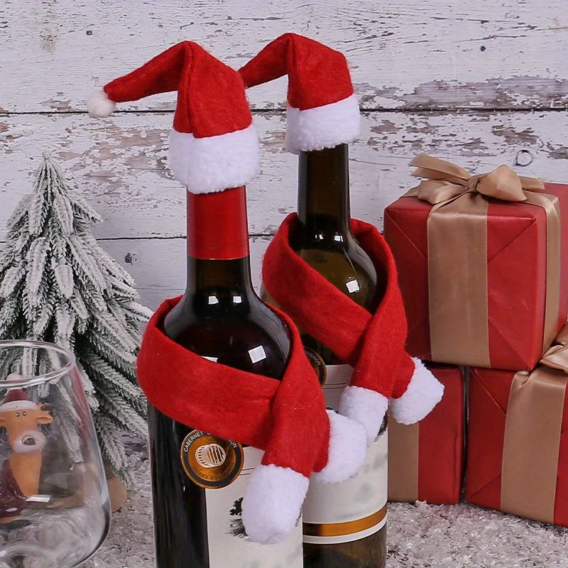 2pcs/set Christmas Creative Home Goods Non- Scarf + Hat Wine Bottle Decoration, Christmas Wine Bottle Decoration