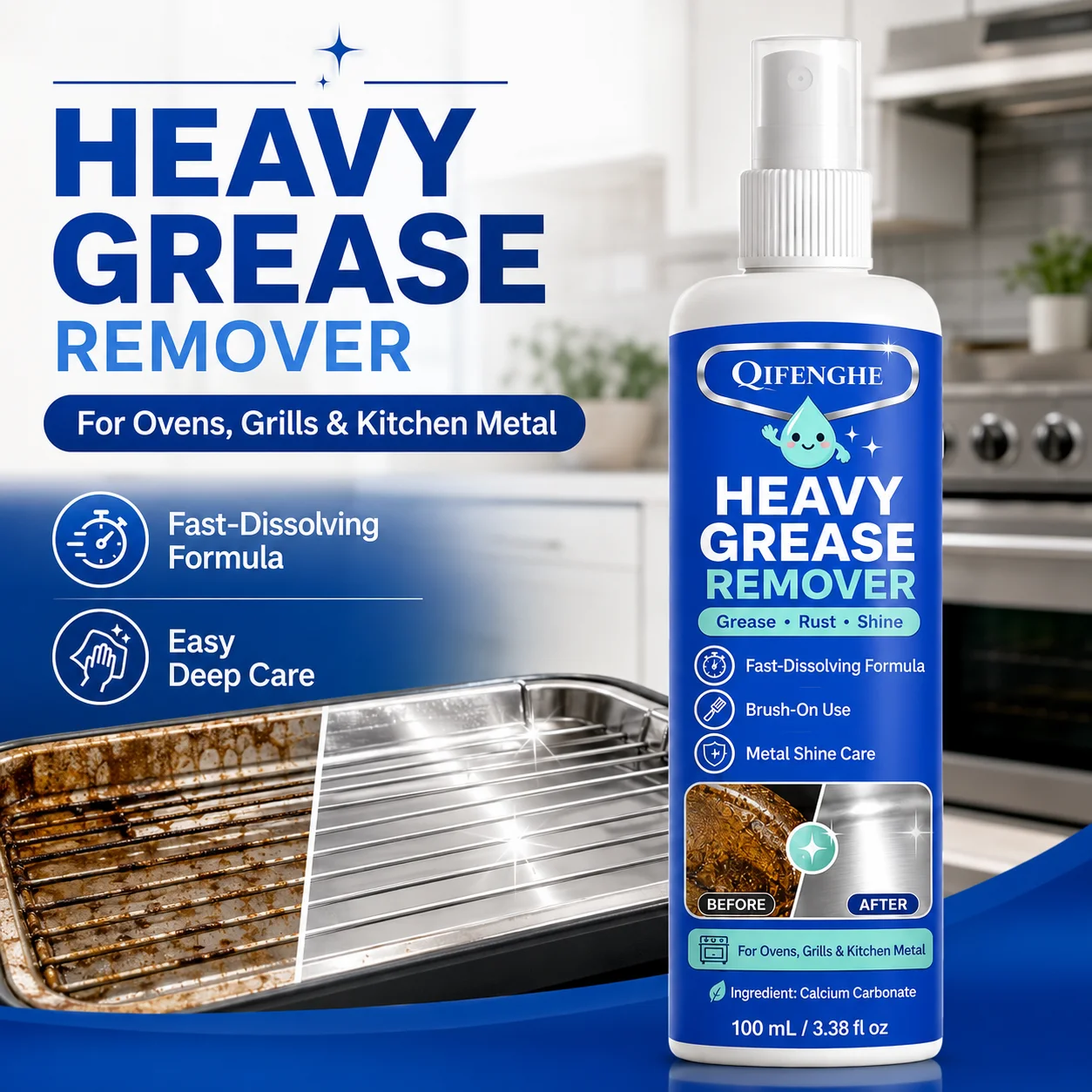 Heavy Duty Kitchen Degreaser Spray, Odorless Grease Remover for Stove Oven Hood Sink, Residue-Free Powerful Cleaner, Easy Wipe