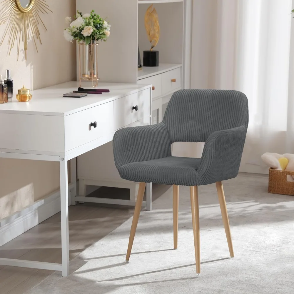 

Modern Mid Century Upholstered Dining Chair with Corduroy Fabric and Metal Tube Legs Gray Kitchen Living Room Armchair