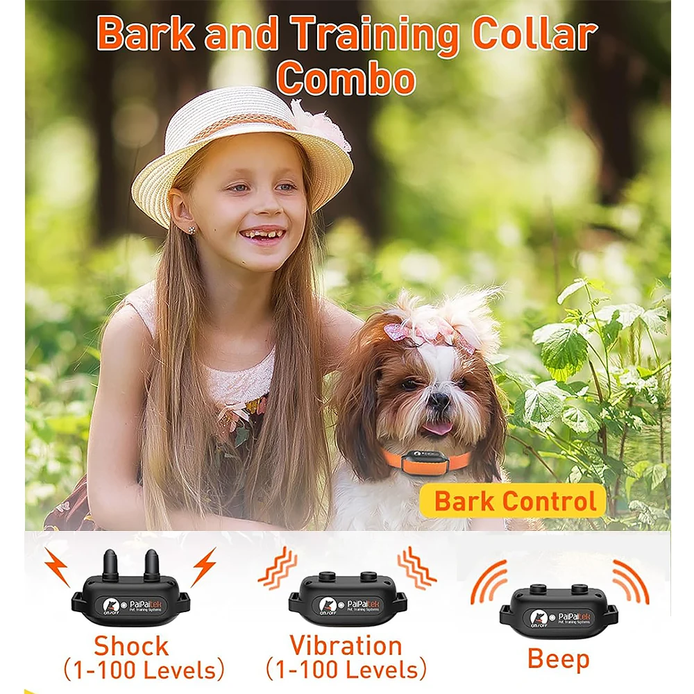 PaiPaitek Waterproof Dog Training Collar,Dog Bark Collar with Remote 3300ft Range,Auto Anti Bark and Training Collar Combo