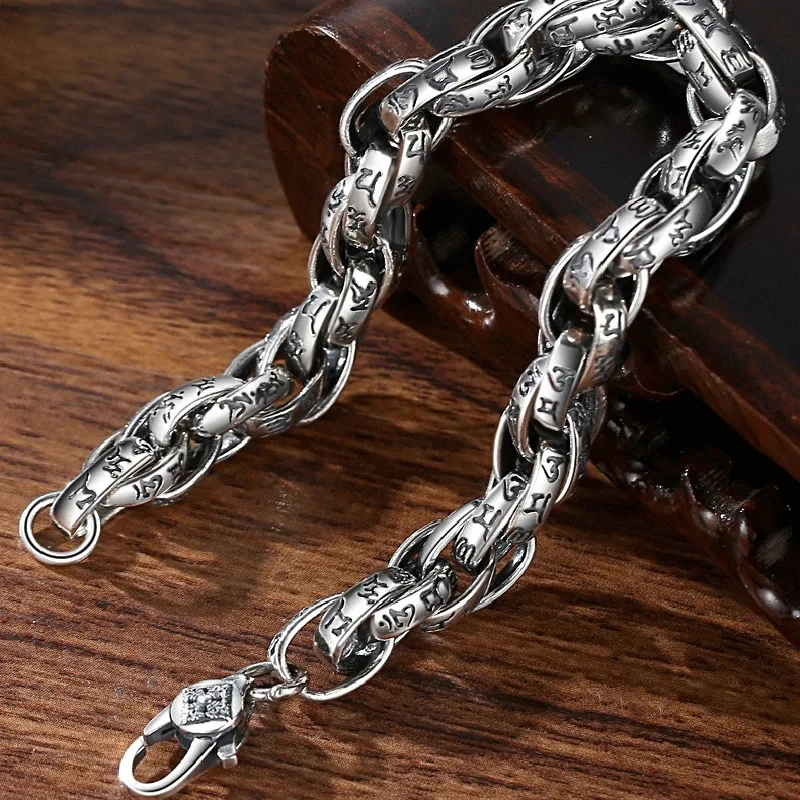 New Trend Simple S925 Sterling Silver Six Character Mantra Men's Bracelet Hip Hop Punk Niche Designs Luxury Jewelry Gift