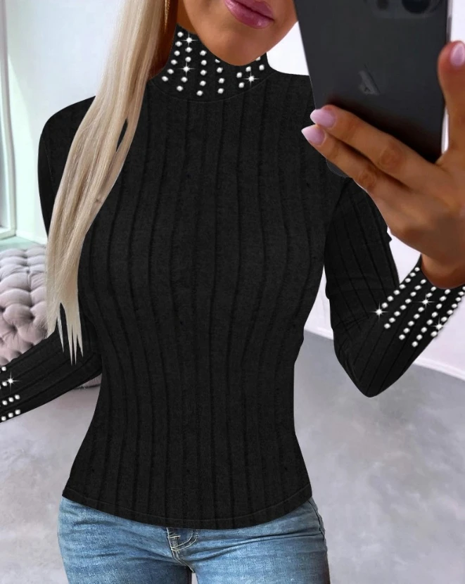 

Top Women 2024 Spring Fashion Beaded High Neck Long Sleeve Casual Plain Skinny Daily Tee Top Y2K Clothes