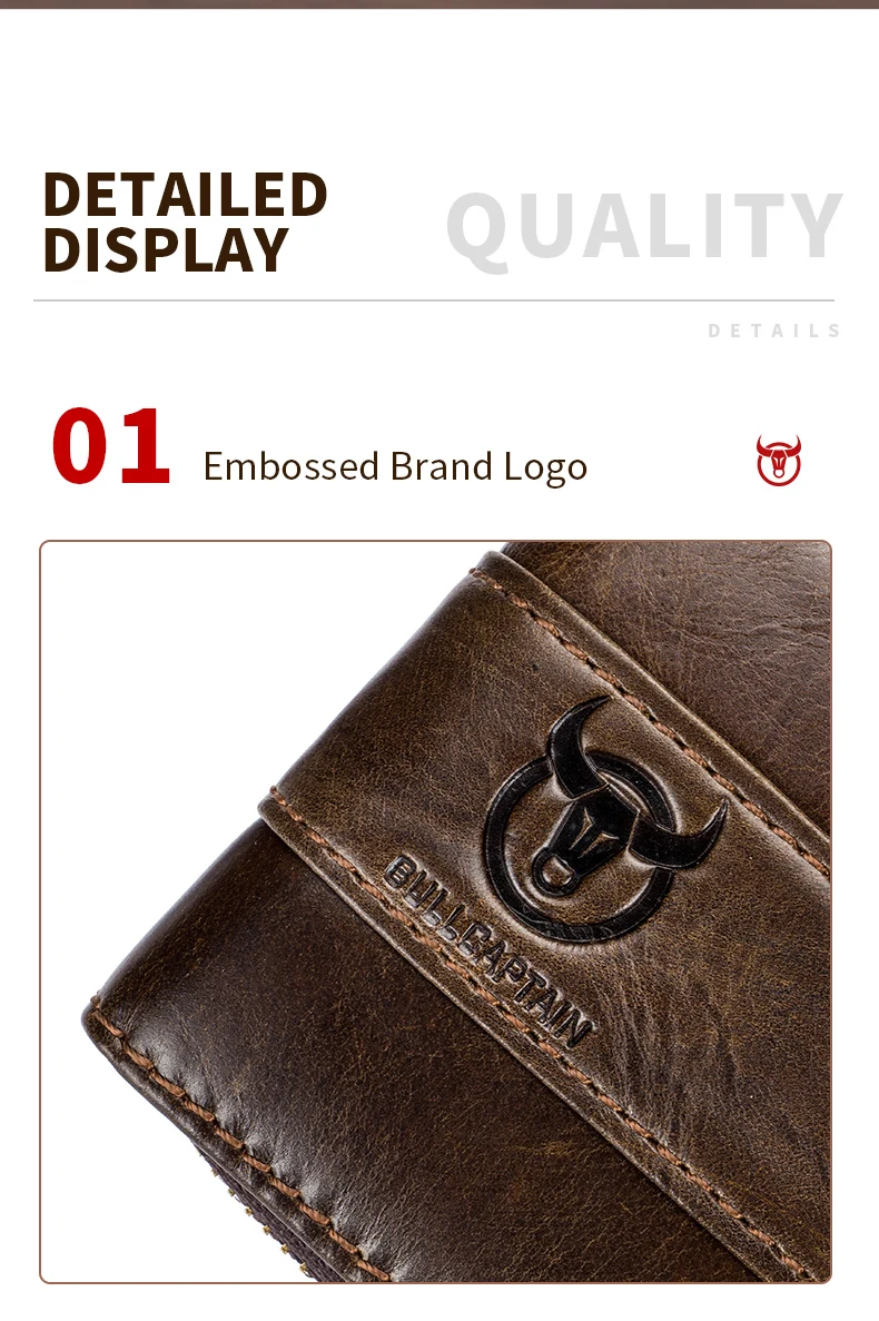 BULLCAPTAIN Herren Echtleder-Geldbörse mit RFID-Schutz, Vintage Rindsleder Reißverschluss-Brieftasche mit Münzfach, Kreditkartenhalter – Detail 13