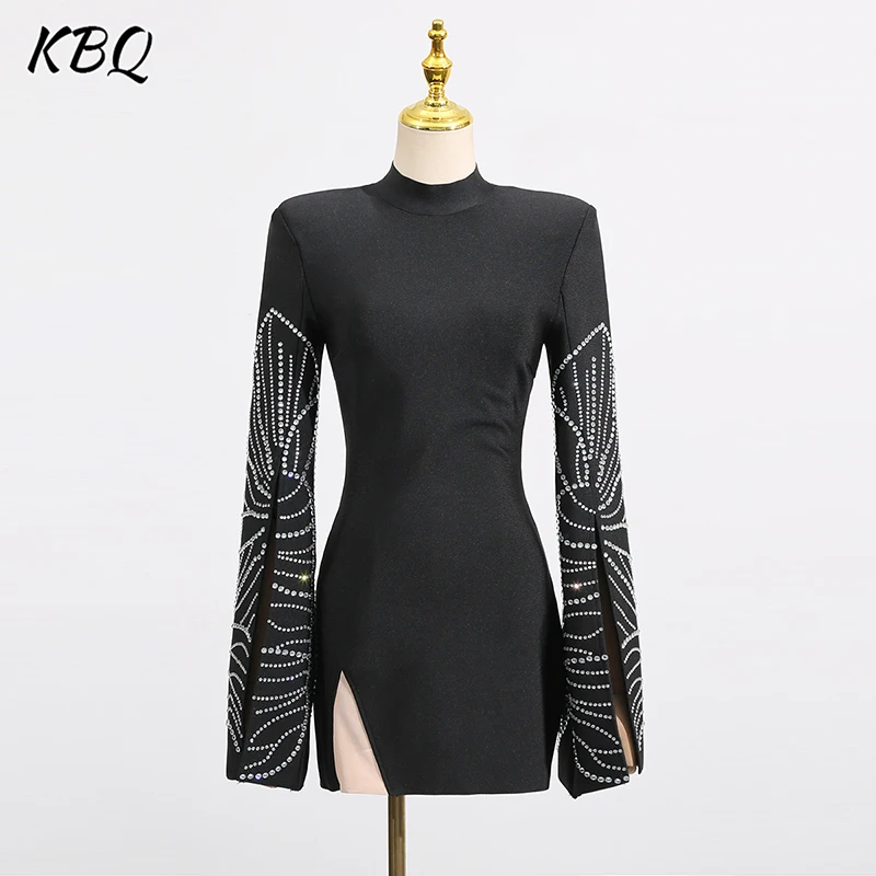 

KBQ Solid Slimming Temperament Mini Dresses for Women Stand Neck Long Sleeves Patchwork Diamonds Dress Female Clothing Style New
