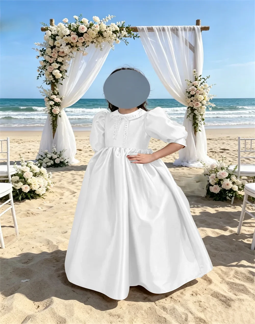 Custom Girls Luxury Peter Pan Collar Puff Sleeve Satin Flower Girl Dress Wedding Party Gown Birthday Party Pageant Runway Dress
