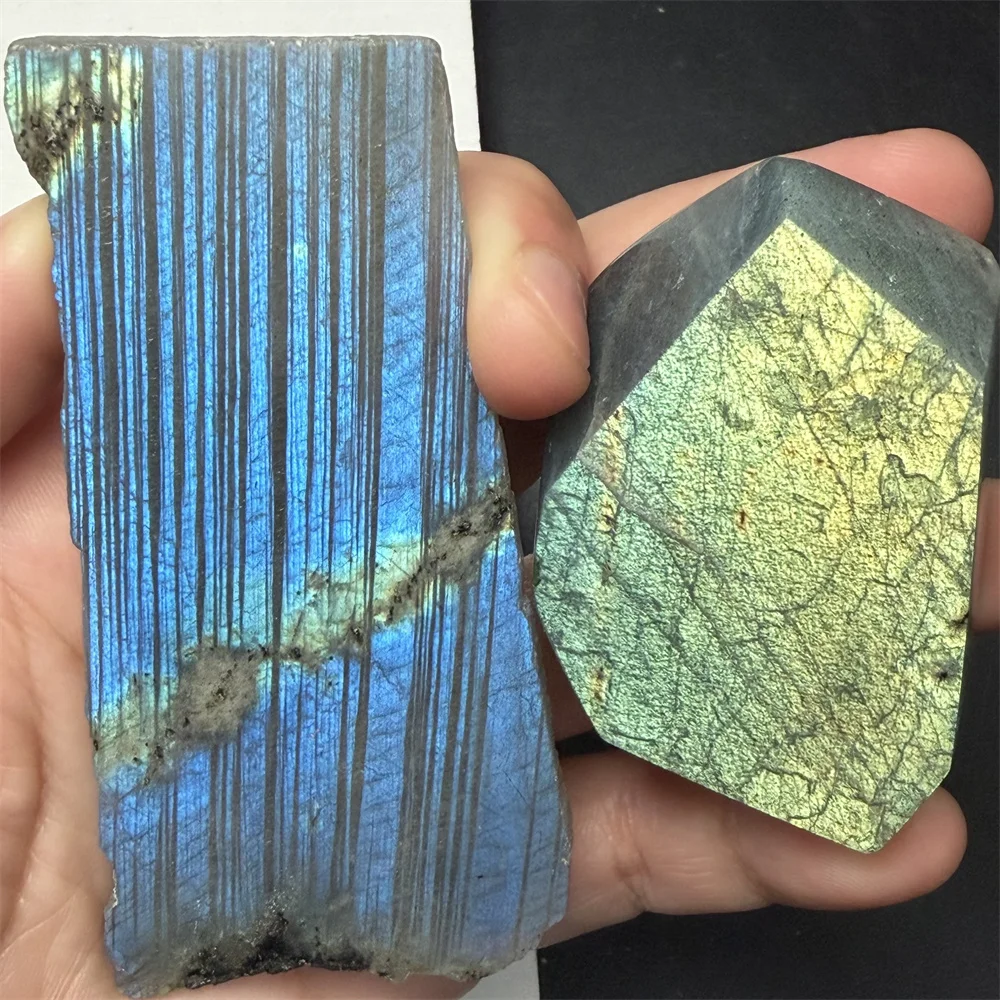 2PCS Natural Yellow Orange Purple Light Labradorite Ornaments Sliced Blue Green Light Labrador Stones Blocks Mineral Specimen