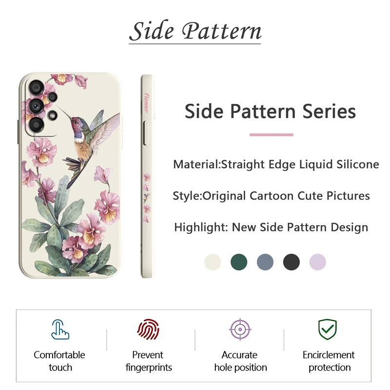 패션 버드 패턴 케이스, 삼성 갤럭시 A51 A52 A30 A31 M32 A33 A34 A53 A54 5G A32 A42 M42 A50 꽃 액체 매트 커버