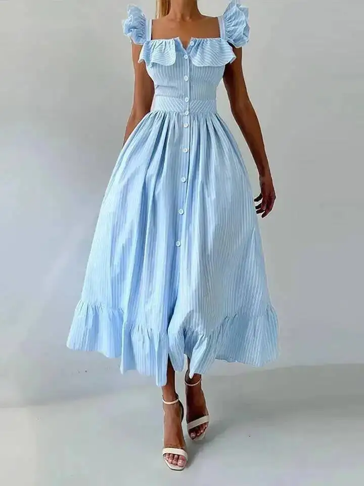 우아한 블루 스트라이프 프릴 버튼 롱 드레스 여성 스퀘어 넥 민소매 여성 드레스 여름 해변 파티 레이디 로브 ZBR8