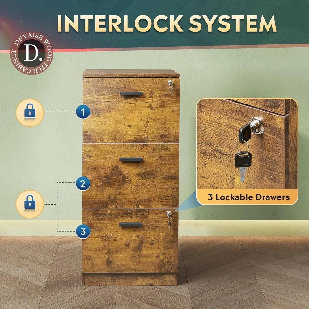 Vertical Wooden 3-Drawer File Cabinet with Lock, Home Office Letter and A4 Size Filing Storage, Printer Stand, Rustic Style