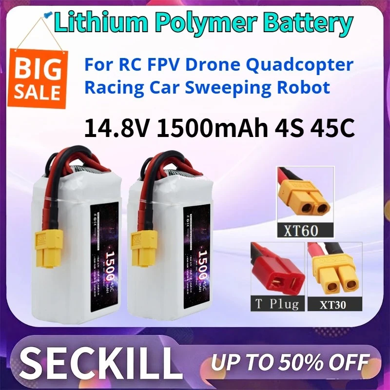 14.8V 1500mAh 4S 45C Lithium Polymer Battery for RC FPV Drone Quadcopter Racing Car Sweeping Robot with T XT60 XT30 Plug
