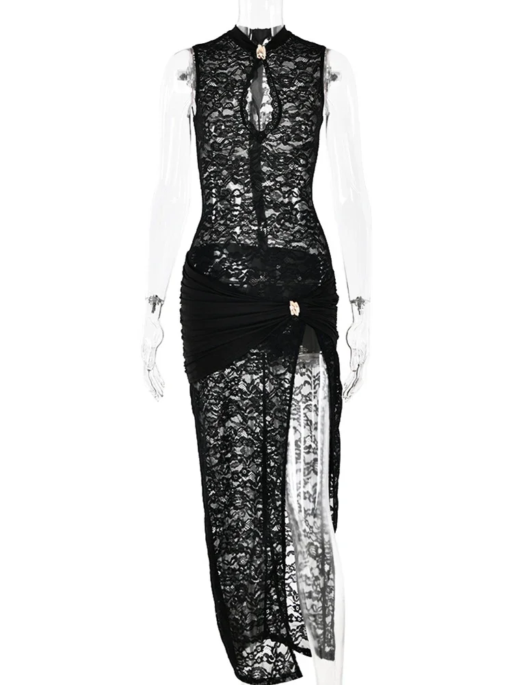 Sibybo-Vestido largo de encaje negro para mujer, Vestidos de noche ajustados con abertura larga, sin mangas, sexys y ajustados, para fiesta