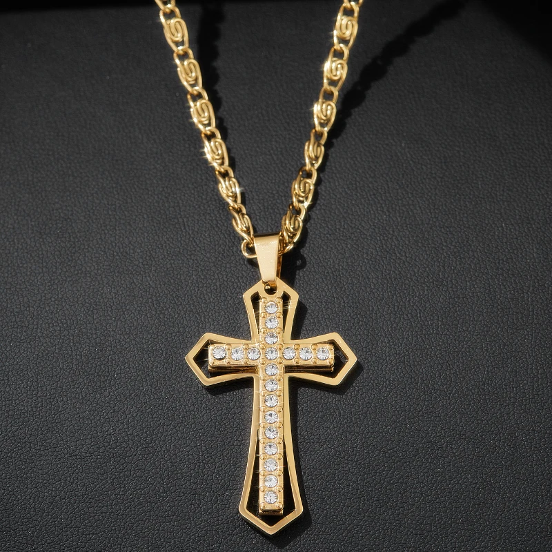 1 Stück Hip-Hop Goldfarbene Kreuzkette mit Zirkonia-Anhänger, Punk-Religionsschmuck für Männer, Alltagsschmuck, christliches Schmuckgeschenk