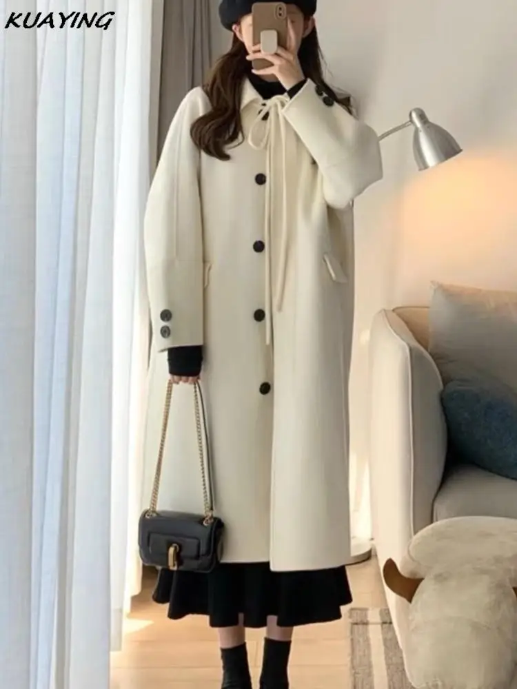 Korean Woolen Coat for Women Single Breasted Hepburn Style Loose Casual Outerwear Overcoat Winter Female Clothes Warm Cloak New