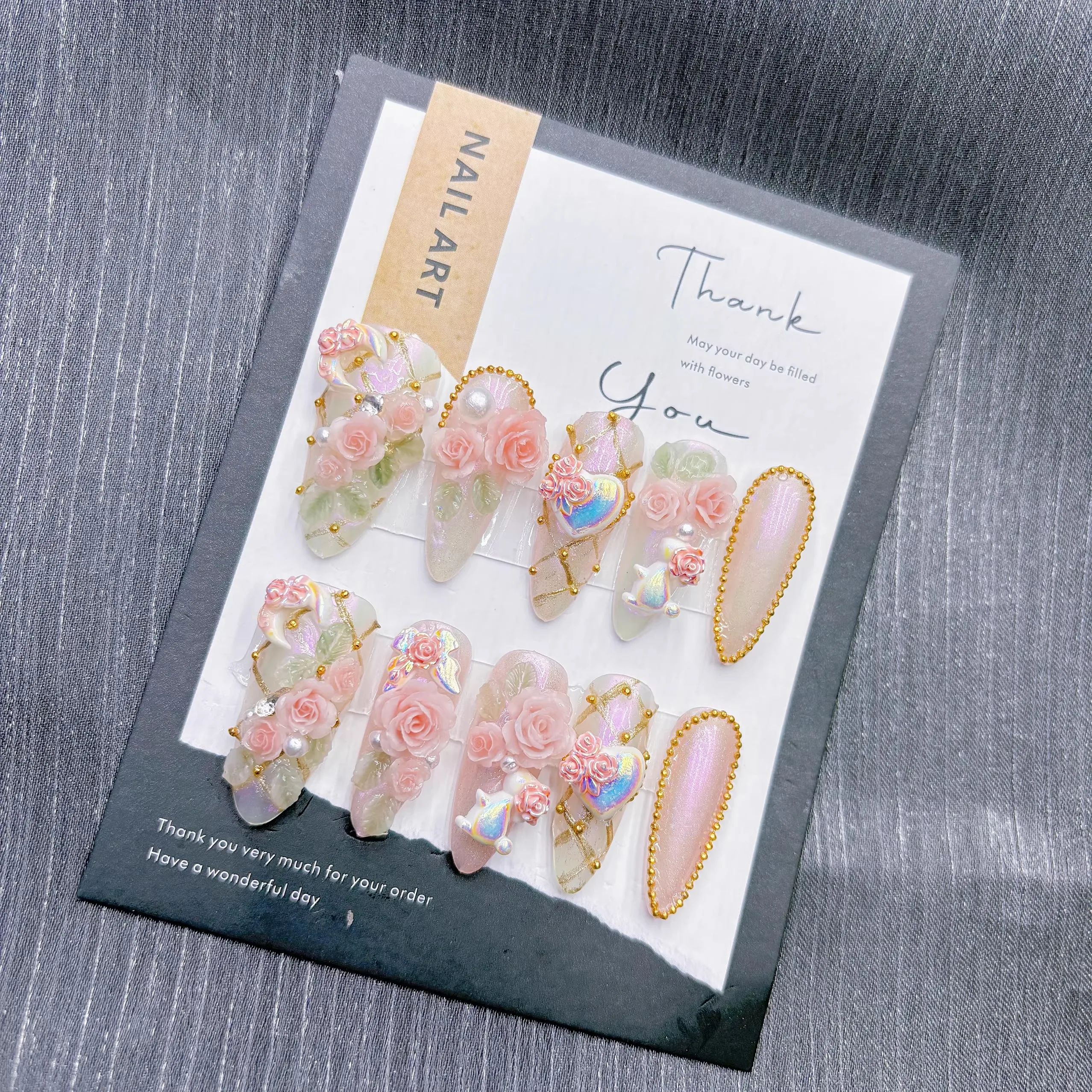 Blush Rose Dream Press on Nails Hand Sculpted 3D Resin Roses Holographic Accents Gold Beads Lightweight ABS Resin image 3