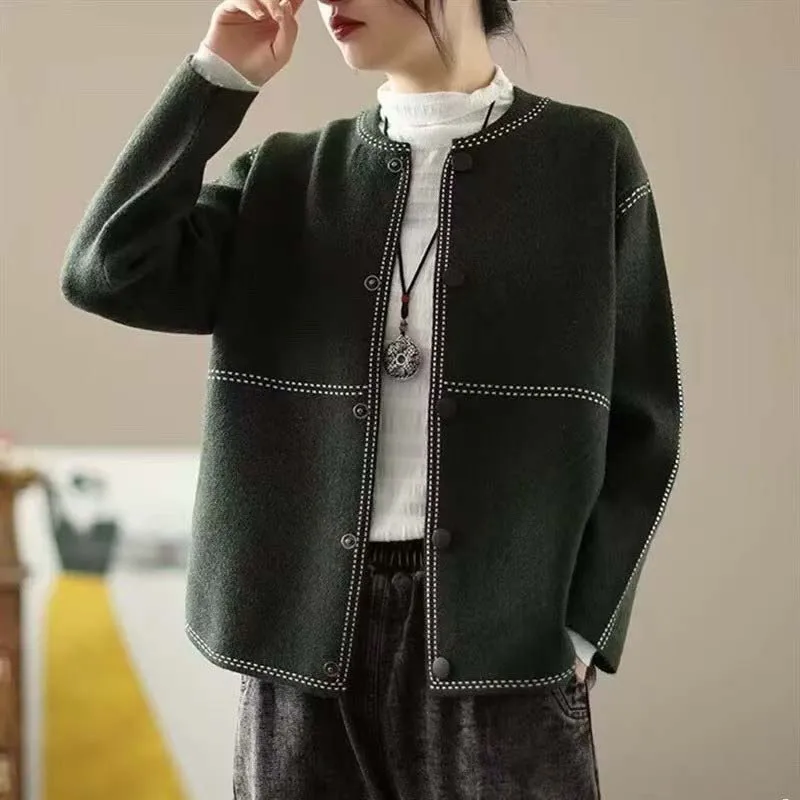 Women Vintage Knitted Cardigan Jacket Retro O Neck Single Breated Loose Winter Tweed Autumn Bright Lined Decoration Harajuku Top