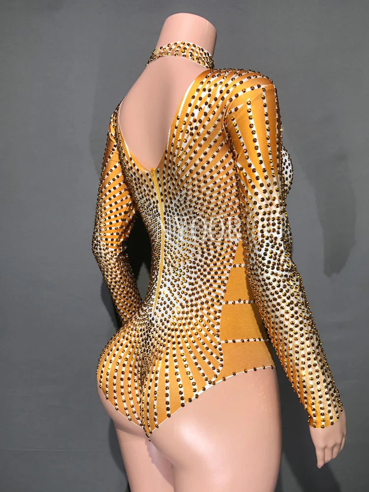 Bodysuit de manga comprida com strass completo, boate, cantor, bailarino, desempenho de palco, traje de dança, roupa de festa, aniversário