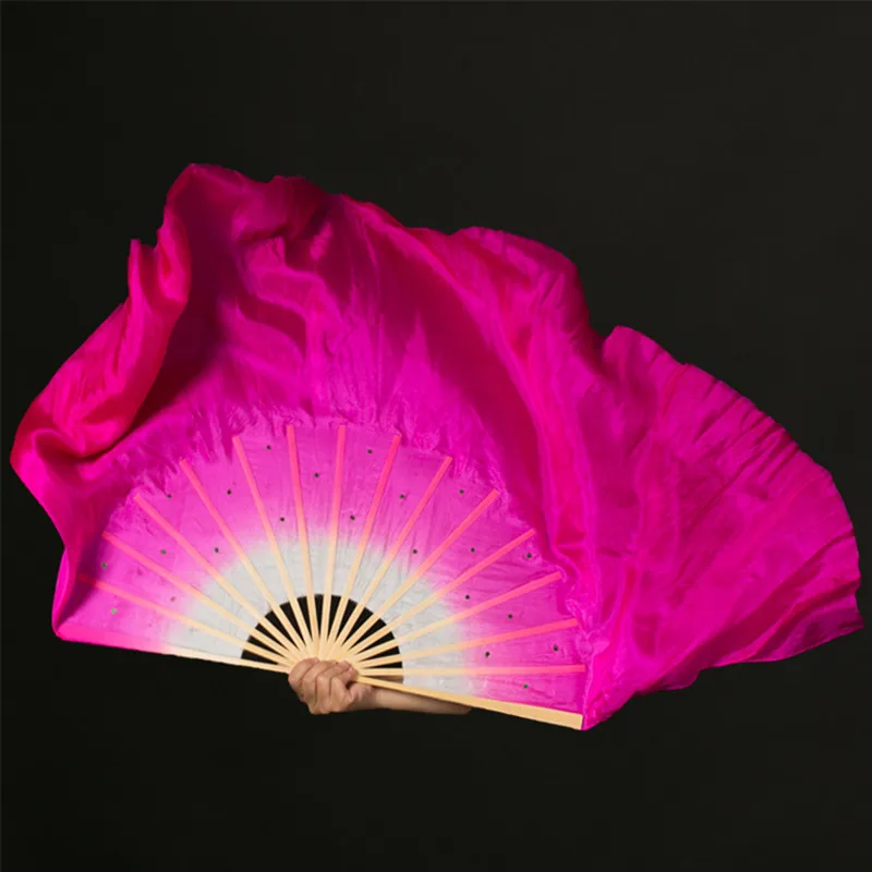 Hot Pink Silk Veil Pair 2pcs Women Classical Bellydance Worship Costume Accessory Strong Bamboo Flowy Double Side Fan Extra Long