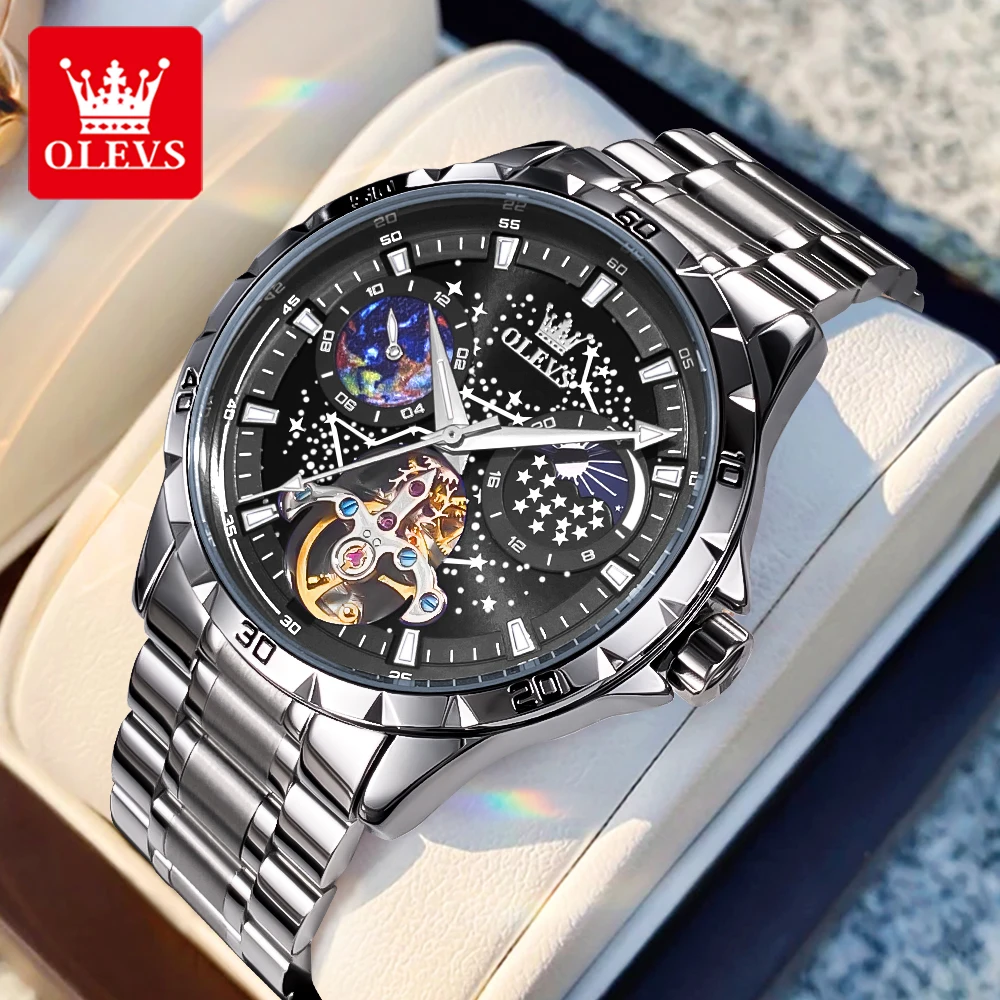 OLEVS 6689 Luxury Brand Moon Phase Automatic Watch for Men Skeleton Flywheel Chronograph Luminous Starry Sky Original Man Watch