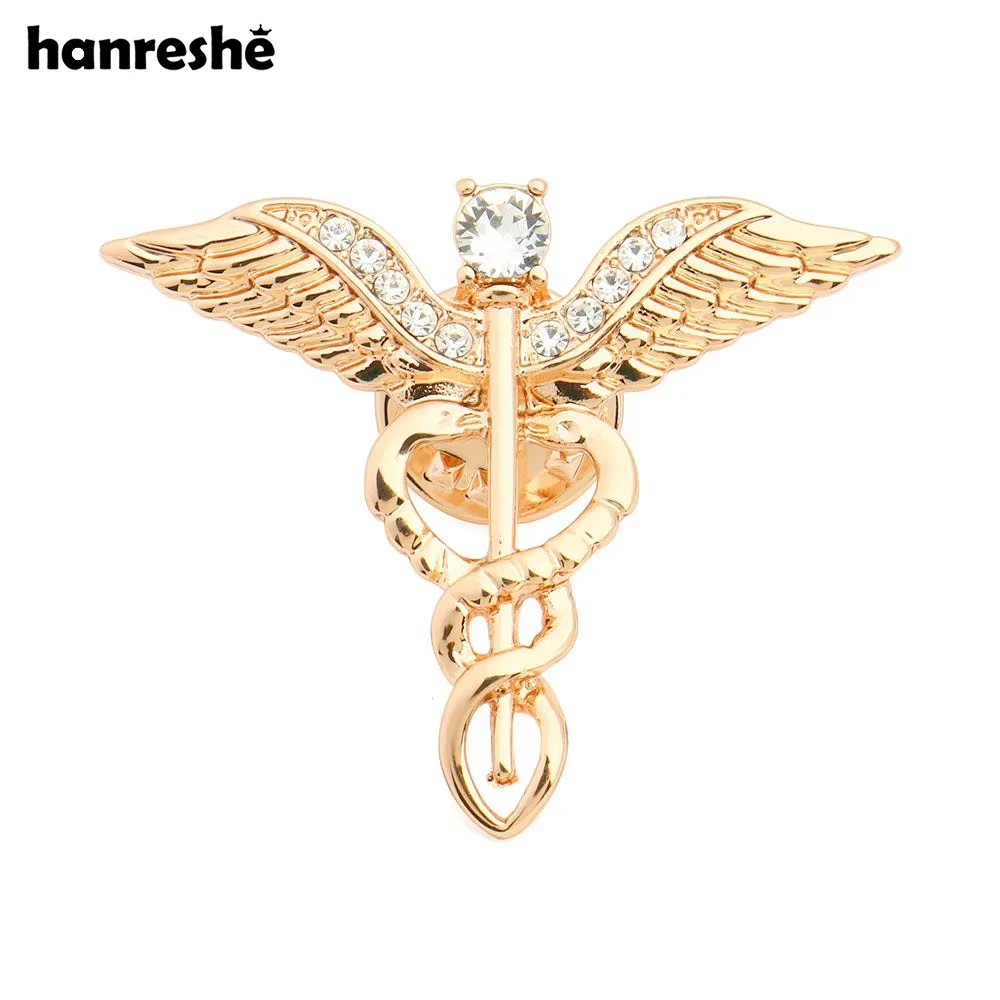 Hanreshe broche de caduceus dourado, joia da moda, presente para médico/enfermeira/estudante médico, broches de cristal para mulheres
