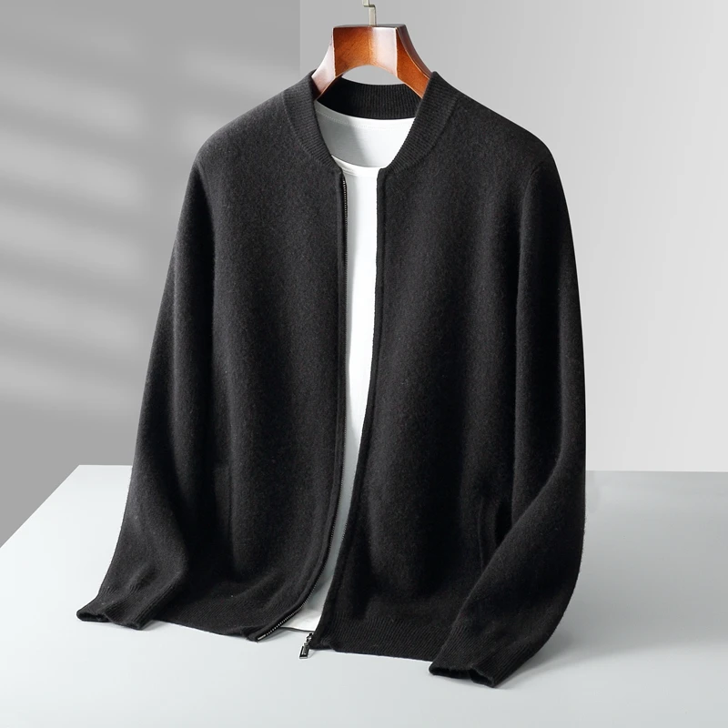Autumn And Winter New Men's 100% Pure Wool Knitted Cardigan Stand Collar Leisure Padded Coat Sweater Cashmere Coat