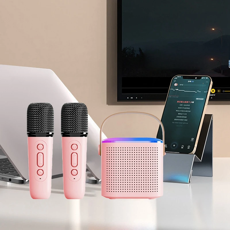 Portable Bluetooth 5.3 Speaker System With 2 Wireless Microphones Home Singing Speaker Durable Pink