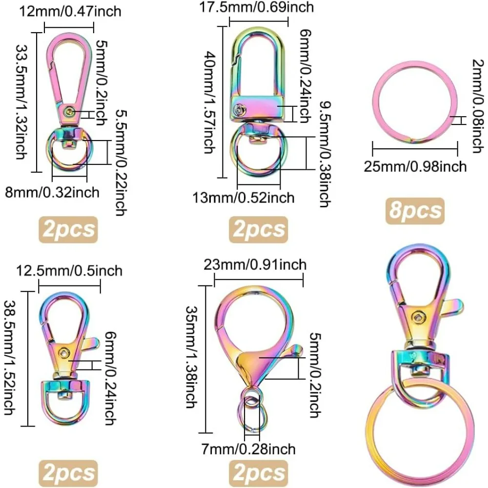 16pcs Rainbow Keychain Swivel Buckle Hardware Set Metal Swivel Hooks with Key Rings Include Swivel Lobster Claw Clasp 25mm