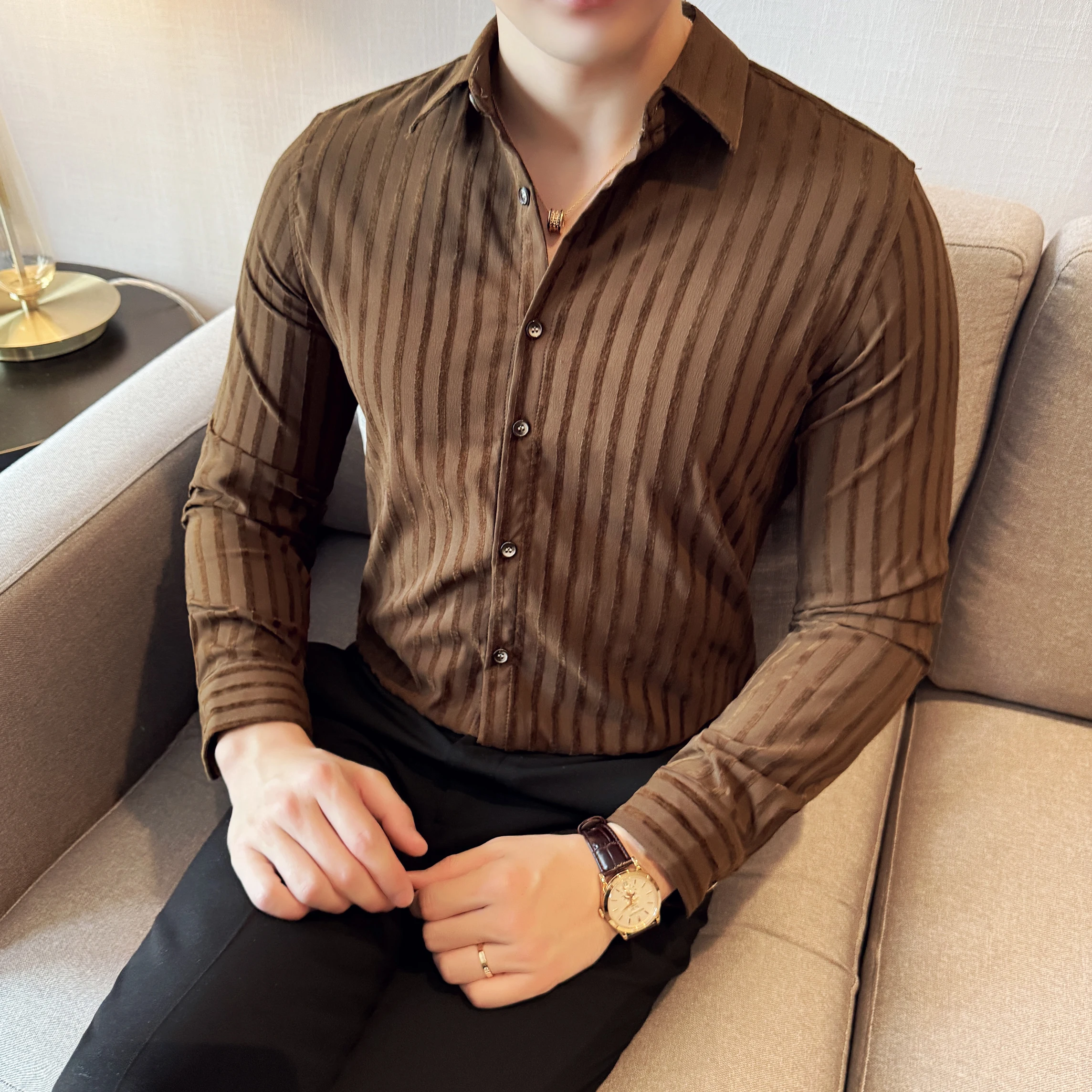 

Синельные мужские полосатые рубашки с длинным рукавом, корейская мода, деловая официальная одежда, облегающая мужская социальная рубашка, платье, повседневная блузка, мужская