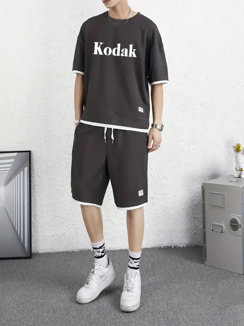 Summer Jinkodaio Letter Print Men's Short Sleeve + Shorts Set - Adult Outdoor Breathable Casual Sports Two-Piece Set