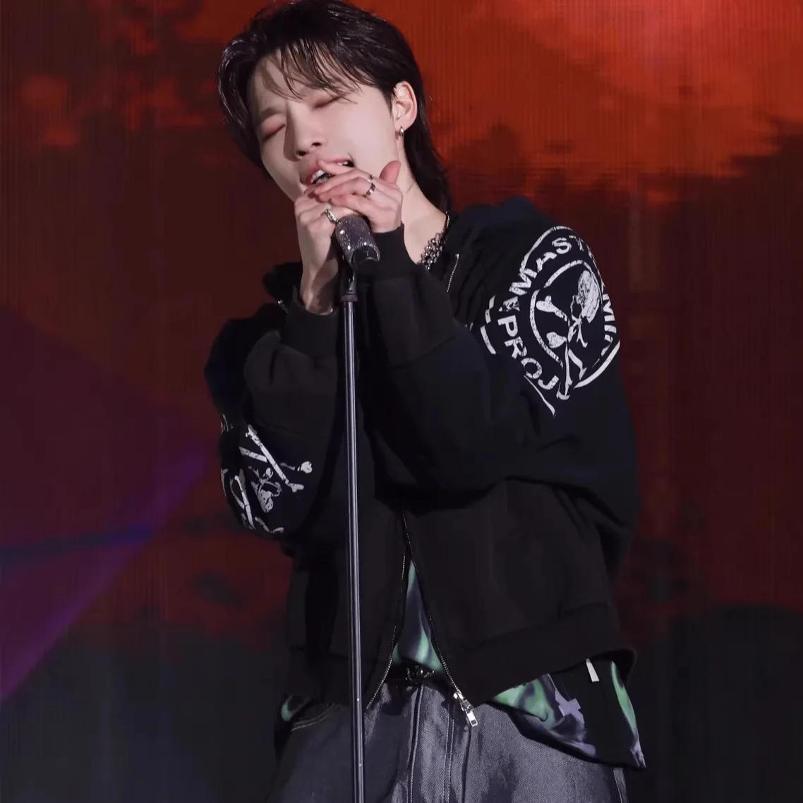 Grailz Skull Print Patchwork Cut Washed Antique Hole Zippered Hooded Sweatshirt Project G/R