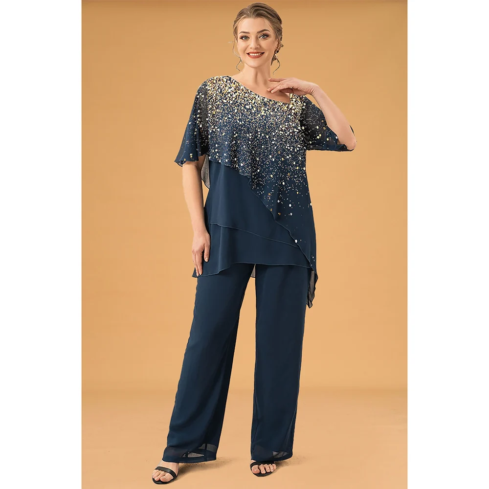 Plus Size Formal Slate Blue Chiffon Glitter Print Irregular Hem Wide Leg Two Piece Pant Suit