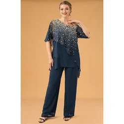 Azul Chiffon Glitter impressão calças terno, ardósia formal, perna larga, bainha irregular, plus size, 2 pcs