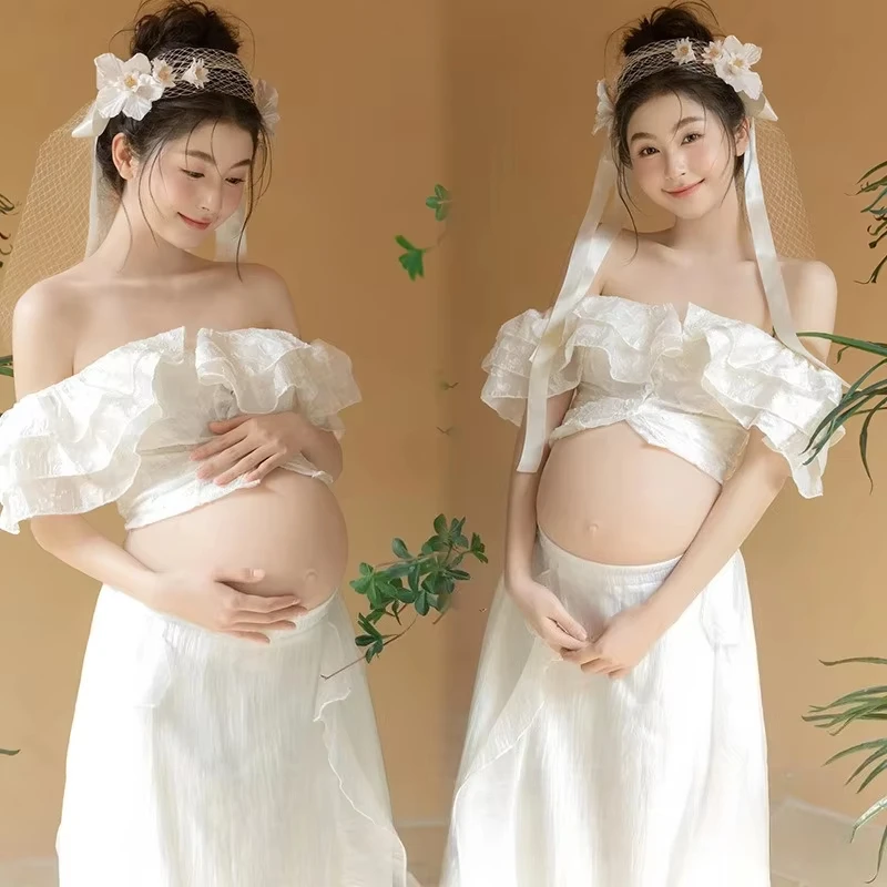Women Maternity Dress Set for Photoshoot White Ruffles Tube Top with Skirt 2pcs Suit for Studio Photography Shooting Clothing